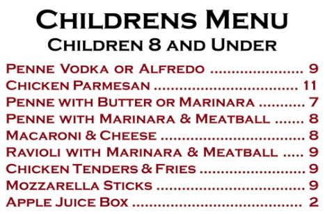 Kids menu at alfonso's trattoria
